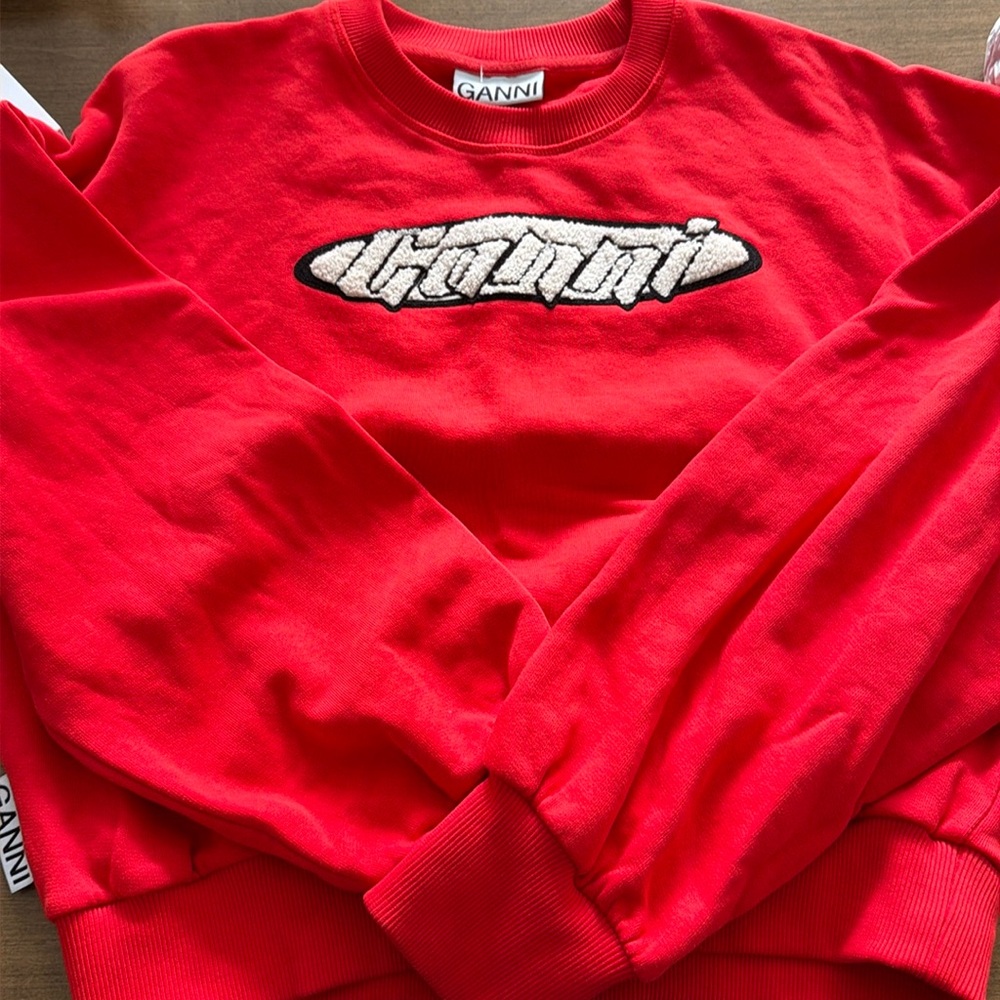 Ganni Graphic Print Crewneck Red Pullover Sweatshirt Women's Large, Fuzzy Logo